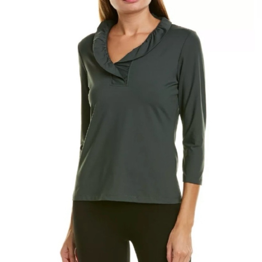 J Mclaughlin Durham Ruffle 3/4 Sleeve Top Size XL Hunter Green Catalina Cloth